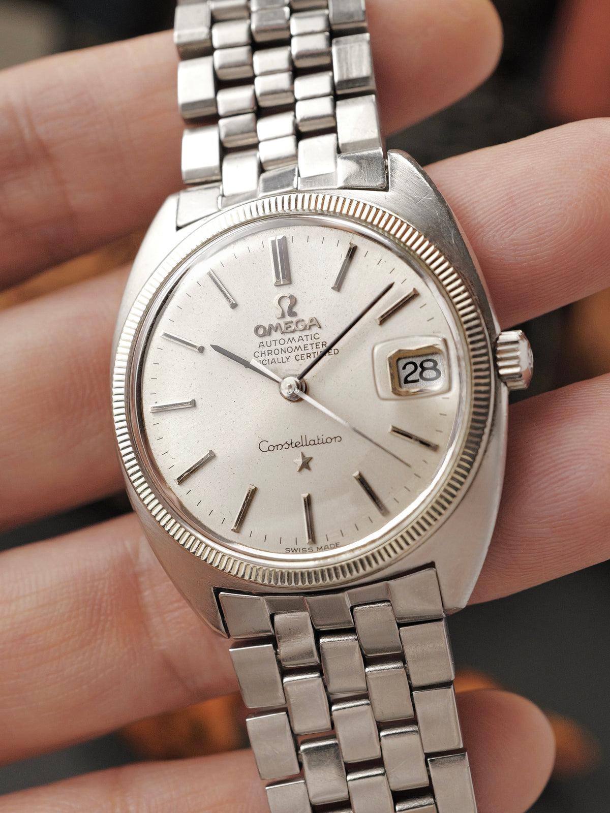 Omega Constellation C Steel Date “Creamy Silver Sunburst” Brick Bracelet Ref. 168.027 (circa 1969)