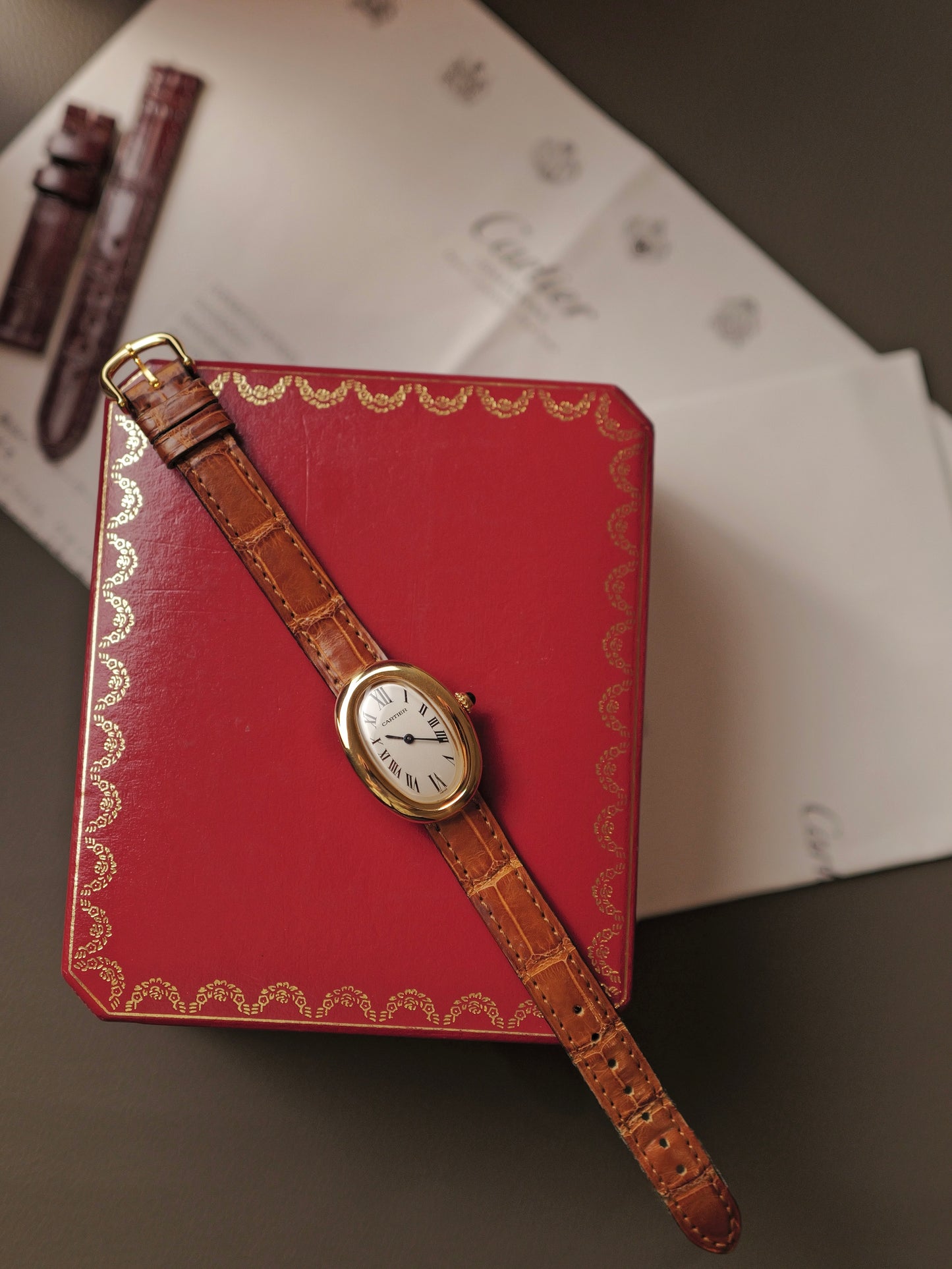 Cartier Baignoire Eggshell Roman Dial SM w/ Box & Cartier Service Papers Ref. 8057910 (circa 1990s)