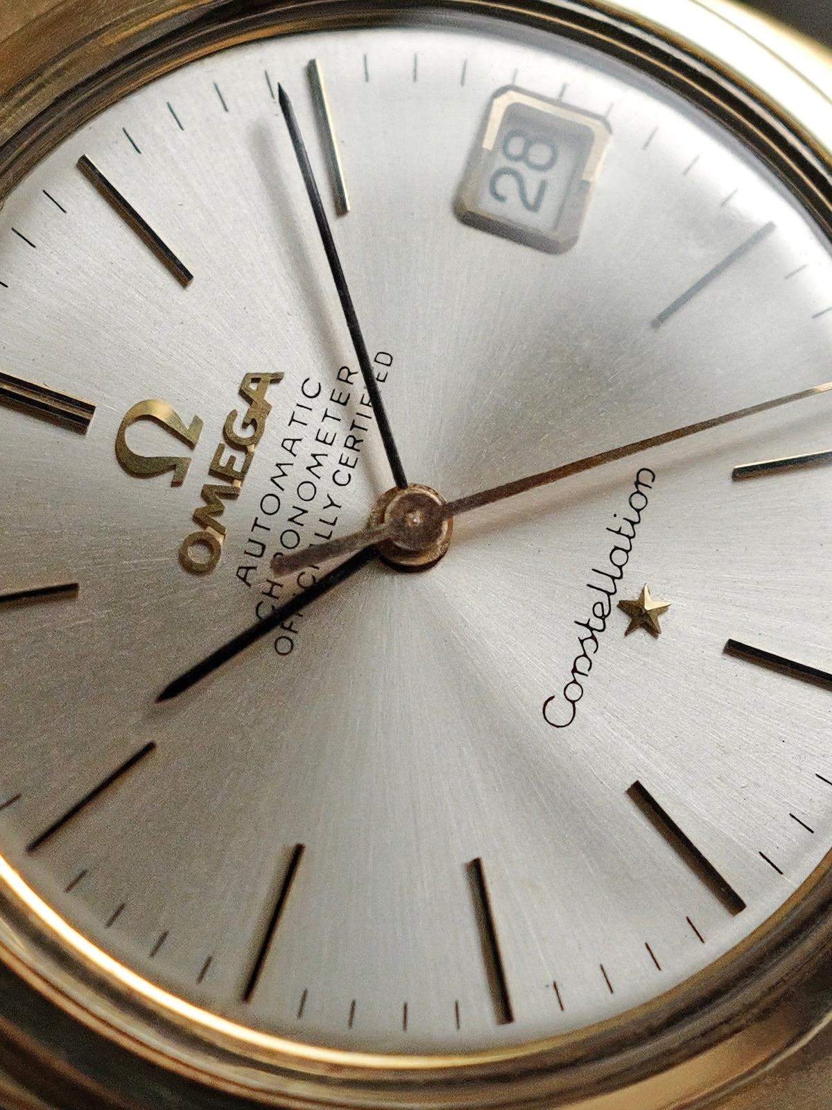 Omega Constellation C Gold-Capped Day-Date “Warm Silver Sunburst” Brick Bracelet Ref. 168.017 (circa 1966)