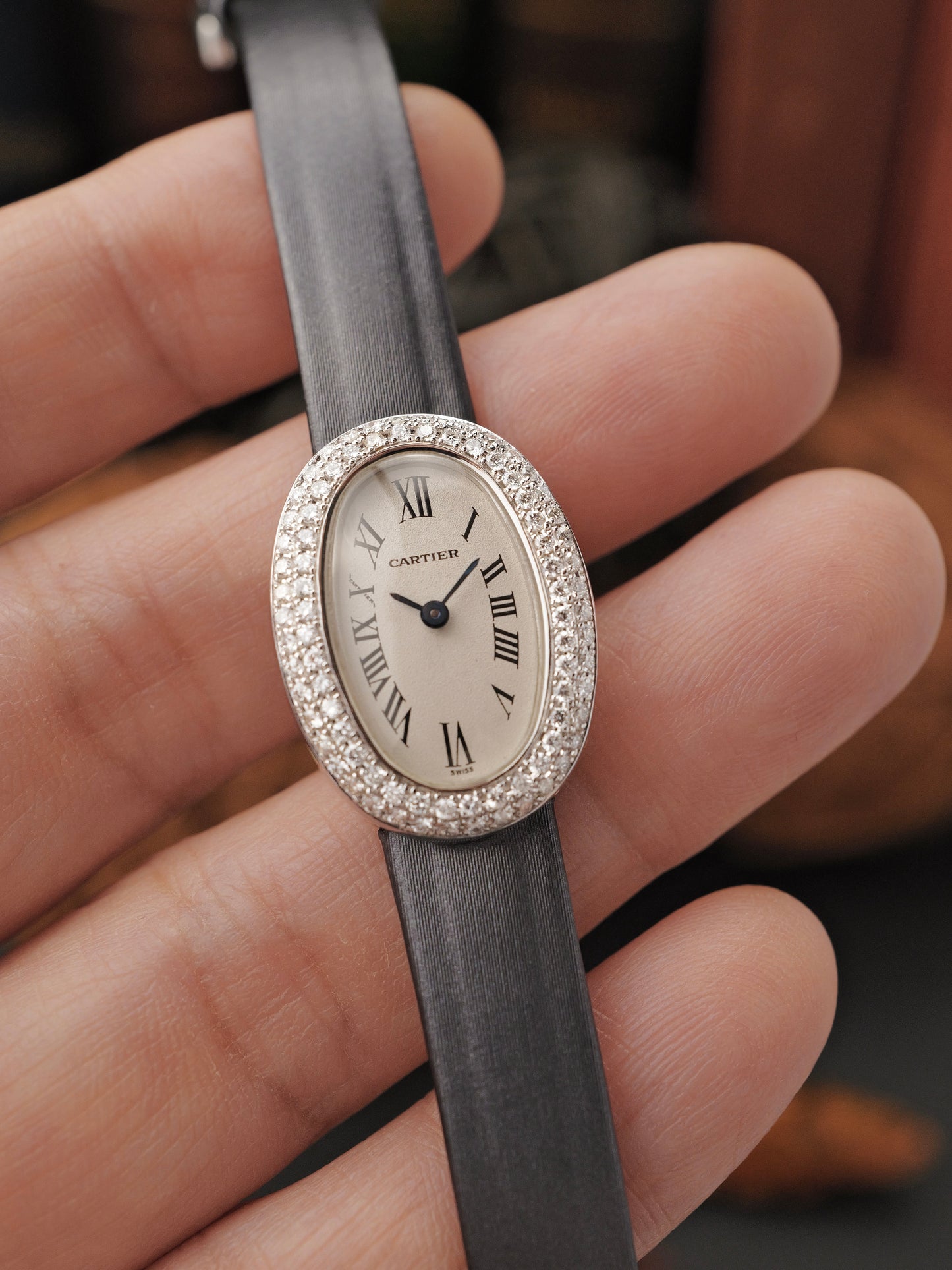 Cartier Baignoire Mini 18K White Gold Le Mirais Diamonds w/ Box & Gemsetting Papers Ref. 2369 (circa 1990s)