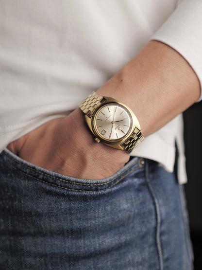 Omega Constellation C Gold-Capped Day-Date “Warm Silver Sunburst” Brick Bracelet Ref. 168.017 (circa 1966)