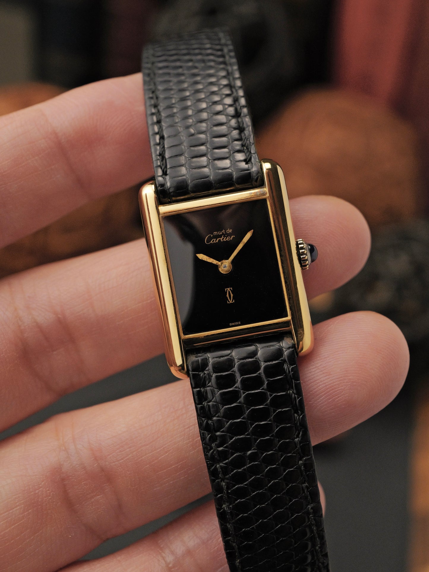 Cartier Must de Cartier Tank Vermeil “Plain Black” SM w/ Box (circa 1970s)