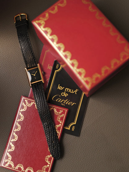 Cartier Must de Cartier Tank Vermeil “Plain Black” SM w/ Box (circa 1970s)