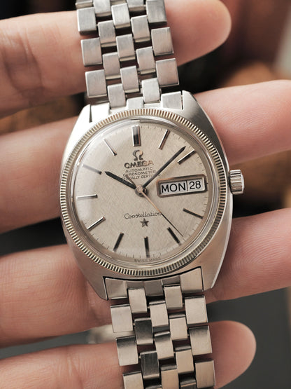 Omega Constellation C Steel Day-Date “Warm Silver Linen” Brick Bracelet Ref. 168.029 (circa 1968)